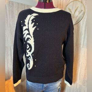 Vintage Russ Black Crewneck Sweater with Cream Feather Accent and Faux Pearls